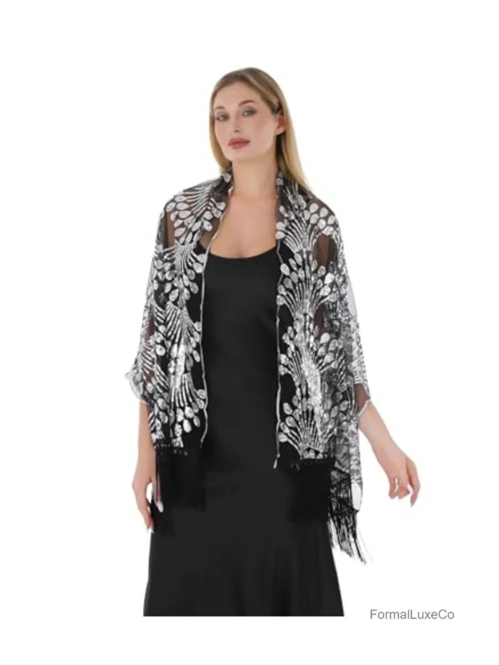 Elegant Chiffon Sequin Embroidered Shawl Wrap for Formal Events
